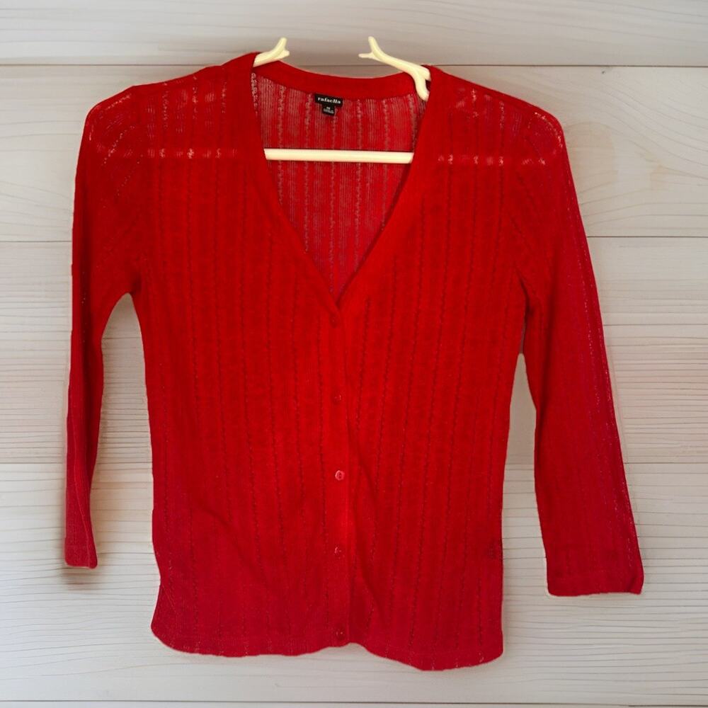 Rafaella Red Cardigan Sweater NWT S Linen Blend Sheer Knit V-Neck Holiday